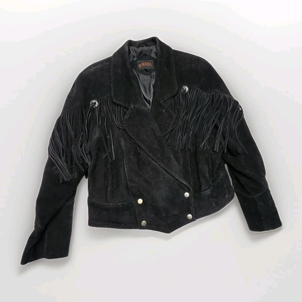 Vintage 1990s Black Suede Leather Fringe Western Jacket Large Cowgirl Festival